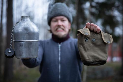 French M47 canteen with cup and pouch, used.
