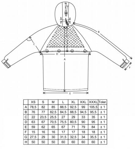 Finnish M13 rain jacket. Dimensions of the garment in centimetres. These are NOT user's recommended measurements.