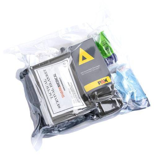 Hunter's first aid kit. The first aid gear comes in a vacuum bag. Open an pack in a suitable pouch or bag.