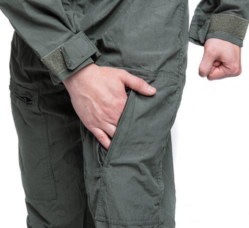 US CWU-27/P Flight Coverall, Sage Green, Surplus. The left cargo pocket is made to be used with the right hand. Remember: this garment is used sitting down.