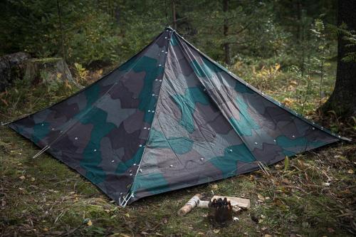 Swedish tent quarter/cape, surplus. Pictured is a tent made of 4 shelter quarters.