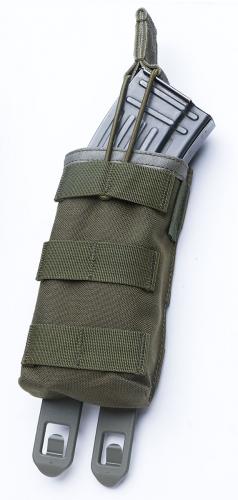 Blackhawk Single M4/M16 Open Top Mag Pouch, Green, Surplus. Easily hold AK magazines as well. It's a bit slower to put the mag in but they come out just fine.