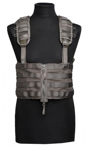 Swedish SVS 12 Combat Vest With Pouches, Green, surplus. The tops of the front panels fold and tuck into dedicated pockets for chestrig use.