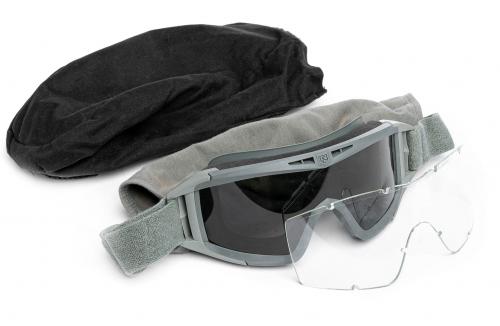 US Desert Locust Ballistic Goggles, Foliage Green, Surplus. Comes with a carrying pouch, protective sock, and two lenses: smoke and clear.