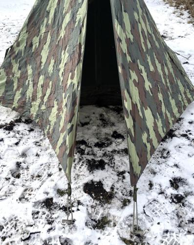 Belgian 2-Person Tent, A-Frame w. Jigsaw Camo Flysheet, Surplus. Entrance and vestibule in the other end.