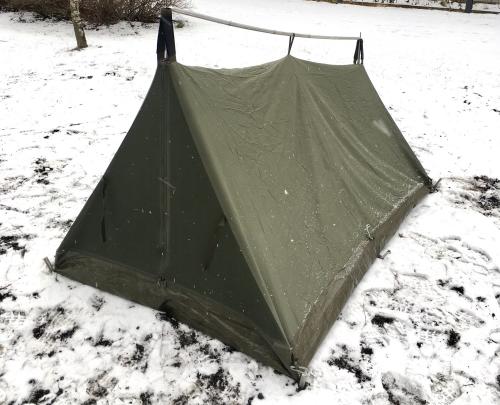 Belgian 2-Person Tent, A-Frame w. Jigsaw Camo Flysheet, Surplus. Works as a lighter shelter without the flysheet.