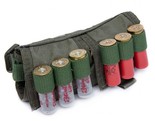 Paraclete Shotgun 19-Round Ammo Pouch, Smoke Green, Surplus. The pouch carries six rounds on the lid.