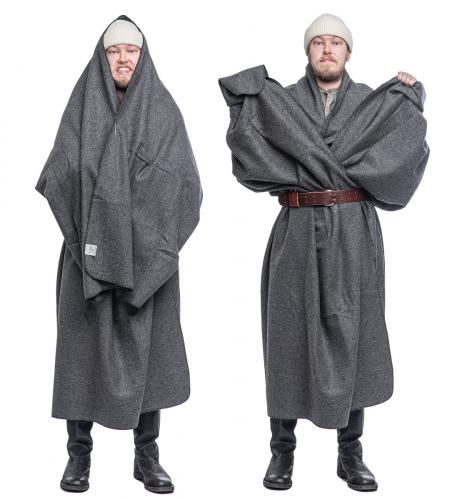 US large safety pin, surplus. Throw a blanket on you, pin it up on the chest, don a belt over you and lift the hem to desired hieght.
