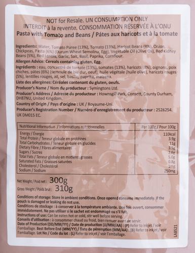 British Field Ration Bag, Surplus. Pasta with Tomato and Beans