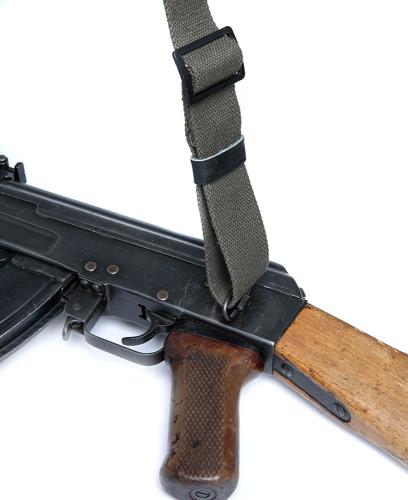 NVA AK / MPi Sling, Surplus. The sling goes first through the rear swivel and the adjustment buckle.