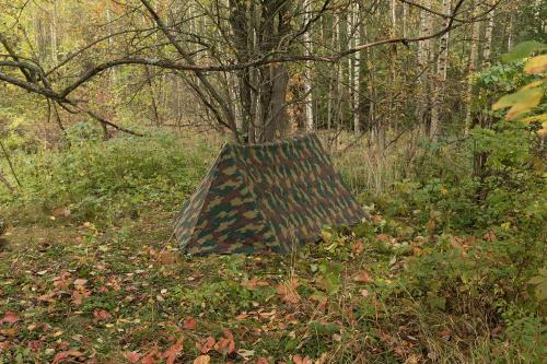 Belgian Shelter Half, Jigsaw-camo, Surplus. You will need two halves to pitch a proper tent. Poles, stakes, and guylines are sold separately.