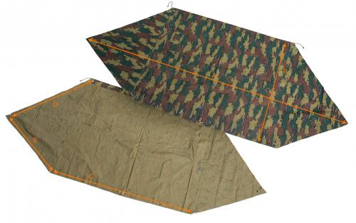 Belgian Shelter Half, Jigsaw-camo, Surplus. A: 330 cm / 130";
B: 127 cm / 50";
C: 170 cm / 67";
D: 115 cm / 45";
E: 95 cm / 37";