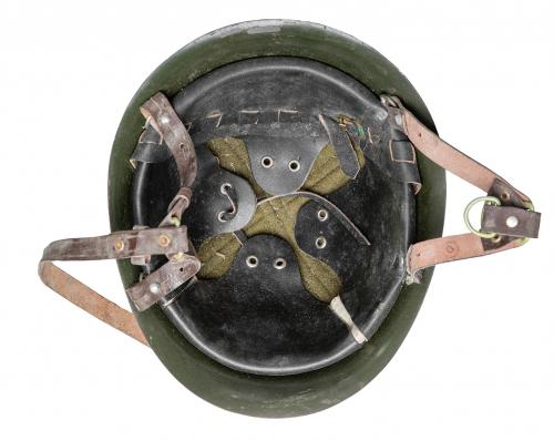 Romanian M73 Steel Helmet, Surplus. The materials and style of the lining and the chin strap can vary.