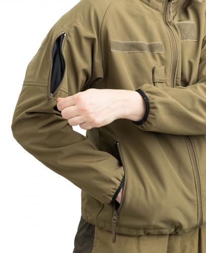 Dutch Softshell Jacket, Surplus. Coyote brown jacket has a pocket on the right sleeve.