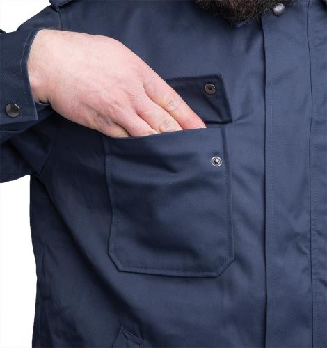 Dutch Work Jacket with Liner, Blue, Surplus. Two outer breast pockets with curiously angled flaps and an asymmetric snap fastener closure that possibly only makes sense to Dutch designers..