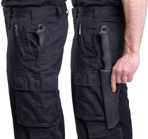 Dutch Work Pants, Black, Surplus. The pants have "weapon pockets" on both sides, which can fit something long an fairly narrow.