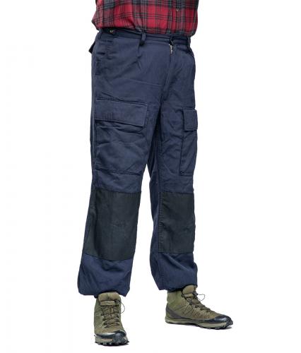 Dutch Navy Mission Pants, Navy Blue, Surplus. The model in the picture is 183 cm tall and weighs 92 kg. His waist is a bit under 100 cm. He is wearing the size 55 pants.