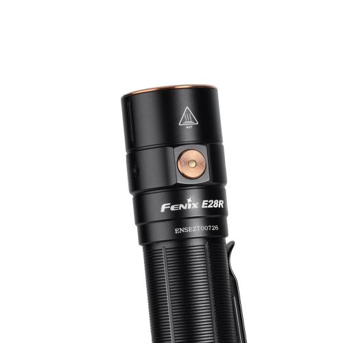Fenix E28R Rechargeable Flashlight. Side switch with a battery level indicator in the bullseye.
