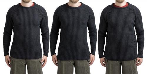 Särmä Merino Wool Sweater. The model in the picture  is 175 cm (5’9”) tall, with a 98 cm (38.6”) chest and ja 86 cm (33.9”) waist. He is wearing a size S on the left, size M on the middle and size L on the right.