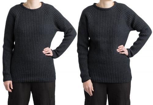 Särmä Merino Wool Sweater. The model in the picture is 178 cm (5’10”) tall, with a 93 cm (36.6”) chest. She is wearing a size S on the left and size M on the right.