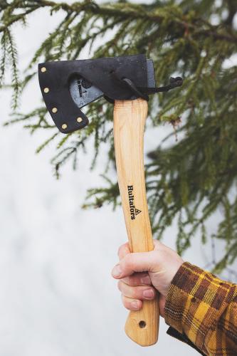 Hultafors Hultån Hatchet. The axe comes with a leather sheath.