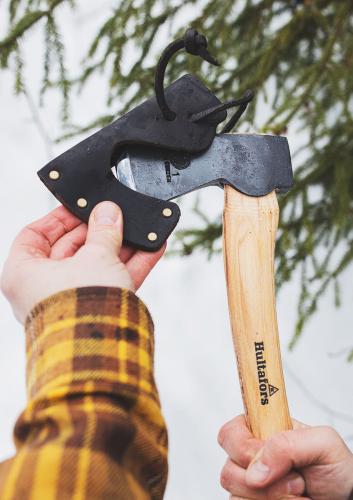Hultafors Hultån Hatchet. The axe comes with a leather sheath.