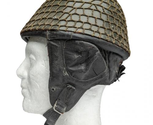 Romanian M73 Paratrooper Helmet, Surplus. The helmet has a leather ear and nech protection.