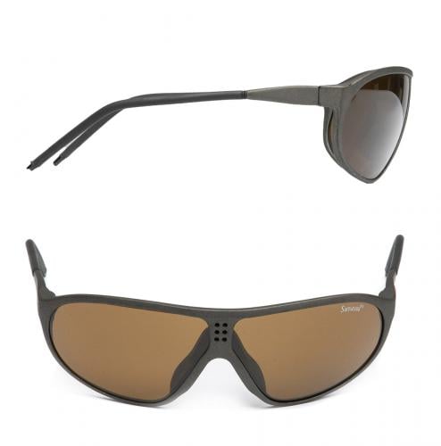 Swiss Suvasol Sun Glasses, with Case, Surplus. Lightweight partially rubber-coated polycarbonate frames with rubber nose frames and brown lenses.