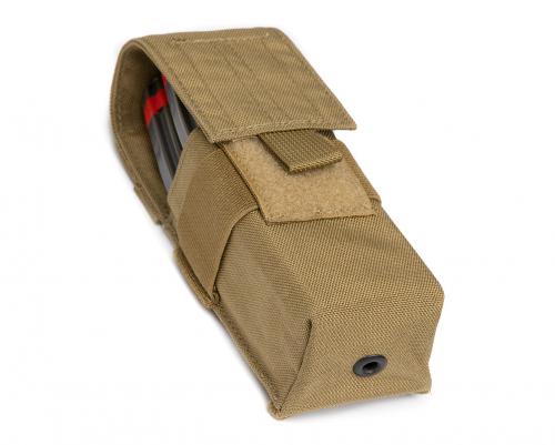 London Bridge Trading M4 Single Mag Pouch, Coyote Brown, Surplus. Drainage grommet in the bottom.