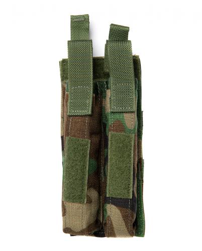 US MOLLE MP5 Double Mag Pouch, Woodland, Surplus. Forward-falling lids with pull-tabs.