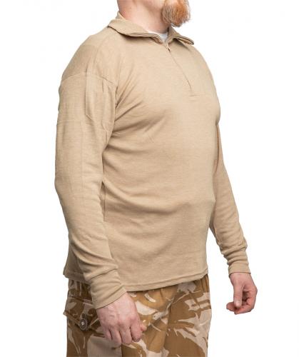 British Norgie Field Shirt, FR, Desert, Surplus. The model is 183 cm (6’) tall, the chest is 116 cm (45.7”). Wearing size Large.