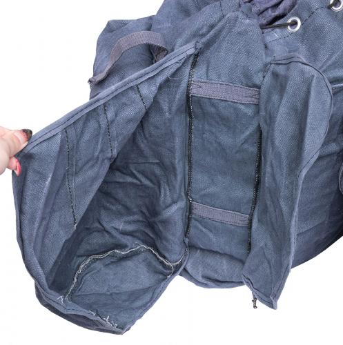 Italian Air Force Rucksack, Blue, Surplus. There is a bit peculiar open "pouch" on both sides of the pack. Most likely these are originally meant for the ends of your blanket roll.