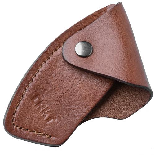 CRKT Berserker Axe Leather Sheath. A leather sheath with a snap fastener.