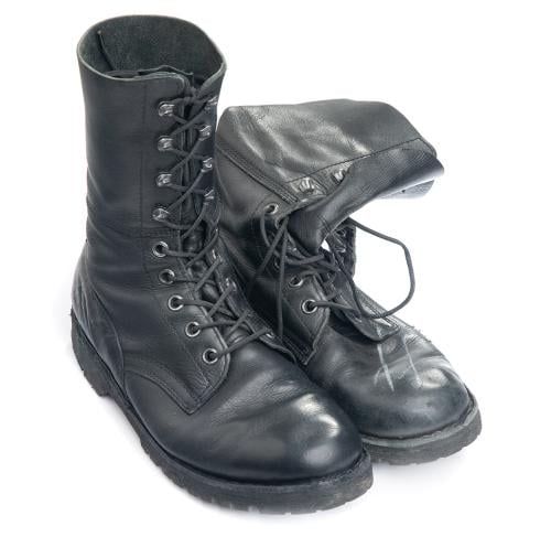 Austrian Combat Boots, Full Leather, Lightweight Model, Surplus. The left shoe has gone through basic shoe care. The right one is fresh from the warehouse.