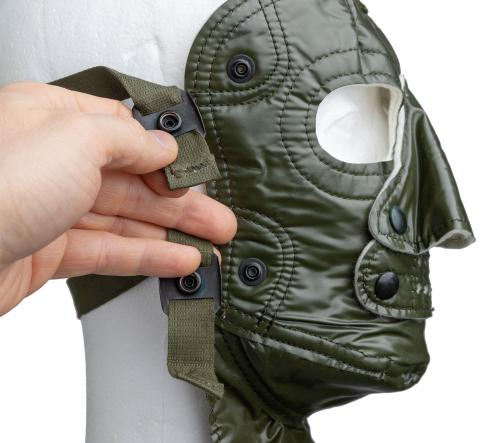 US Extreme Cold weather face mask, olive drab, surplus. The adjustable straps are snapped on the mask.