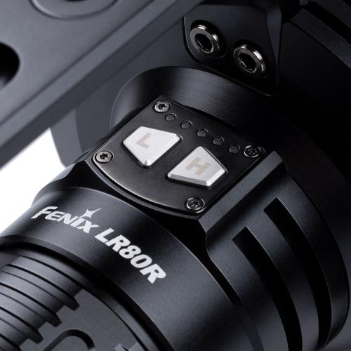Fenix LR80R Rechargeable Searchlight. Separate power buttons for low and high output ranges.