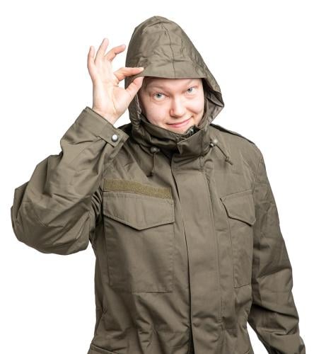 Austrian Field Jacket w. Membrane, Surplus, Unissued. There's a surprisingly un-bad little hood hidden inside the collar.