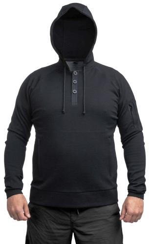 Särmä Merino Wool Hoodie with Buttons. Model's measurements are 178/118, and garment size is Large Regular