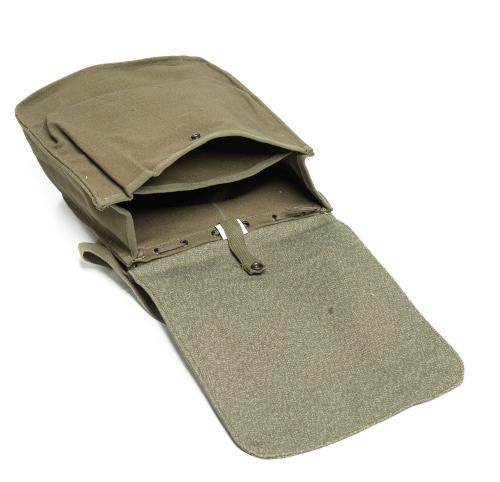 John Ownbey Canvas Messenger Bag, Salt & Pepper Green. Very simple closure with a tab and snap fastener.