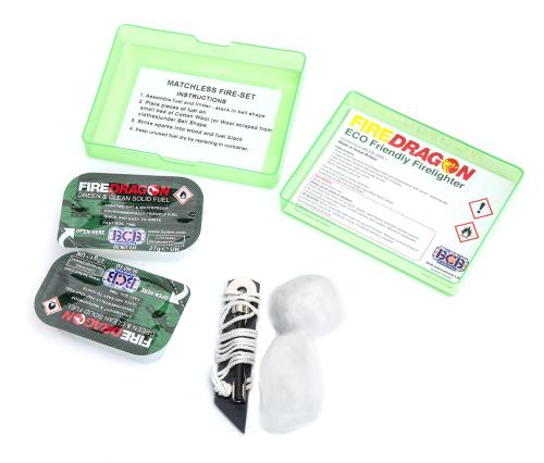 BCB Matchless Fire Set. The set contains two FireDragon solid fuel blocks, compressed cotton wool for tinder, and a ranger fire lighting flint. Everything is packed inside a compact plastic box.