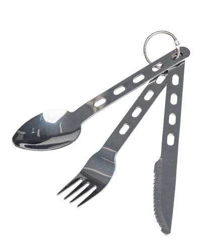 AB Field Cutlery Set, Three-piece, Stainless Steel, with Pouch. The dingly-danglies are connected to each other with a key-ringish contraption.