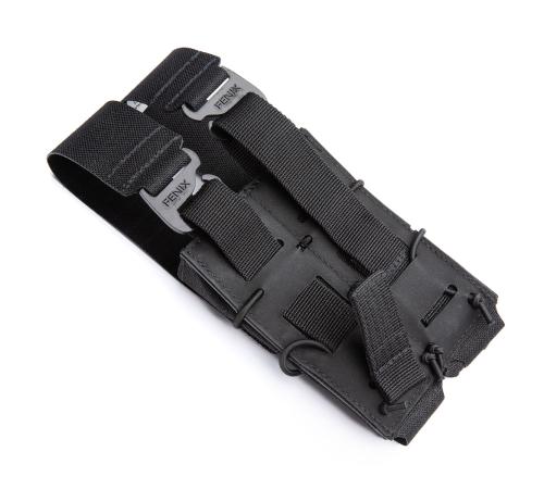 Fenix Protector MP5 X2 Double Mag Pouch. The flaps attach behind the pouch with G-hooks to the same pieces of straps that are used to weave the pouch onto PALS webbing.
