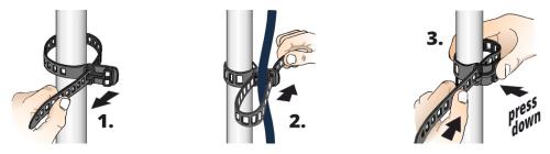 SoftTie DL Utility Strap. 1: Tighten through the first slot.
2: Close the second loop.
3: Bend and press to release.