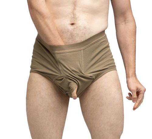 US Wiener Briefs, Tan-Green, Surplus. A finger-like body part fits through.