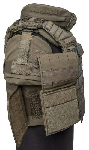 Sioen M2010 Tactical Vest, NIJ IIIA, Olive Green. Don and doff by opening either side or both. Pockets for side armor plates under the flap.