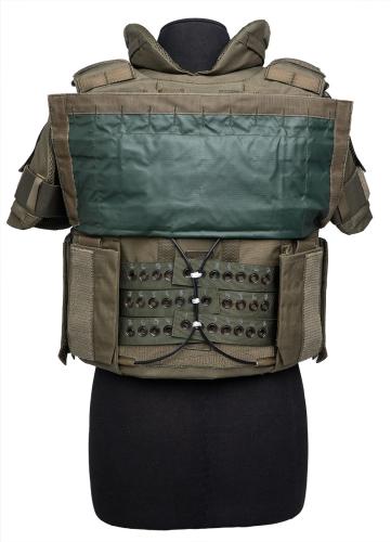Sioen M2010 Tactical Vest, NIJ IIIA, Olive Green. The girth adjustment and release cables in the back.