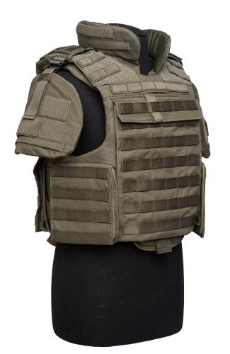 Sioen M2010 Tactical Vest, NIJ IIIA, Olive Green. A glimpse of the release pull tab below the collar. The vest also comes with a groin protector that telescopes out from the bottom.