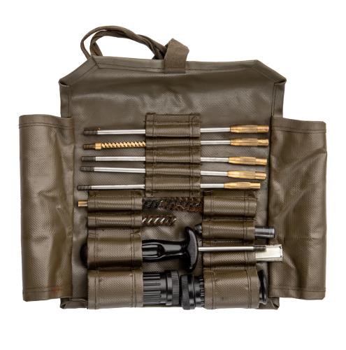 Swiss SG510 Cleaning Kit, 7.62 mm, Surplus. The kit includes a swiveling T handle plus extension rods (one with a swiveling brass jag), three brass brushes, a chambering tool, 1 bore inspection mirror, and two grease pots.