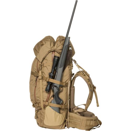 Mystery Ranch Beartooth 80 Pack. Open side water bottle, rifle, or tripod pockets made from stretchy fabric. The straps keep the gun firmly in place.