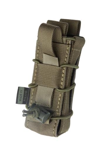 Baribal Fast Pistol Magazine Pouch, Long. The PALS-compatible straps in the back can be weaved into belt loops as well.